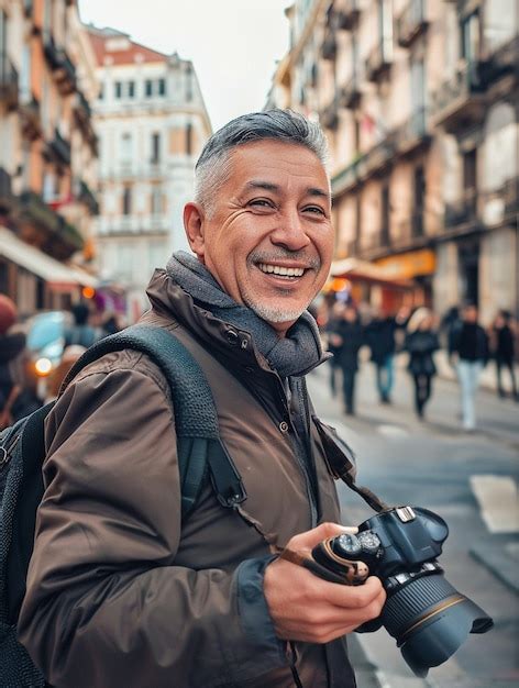 Dia Mundial Da Fotografia Comemorado Por Um Homem De Meia Idade Tirando