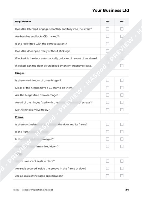 Fire Door Inspection Checklist Form Template - HASpod