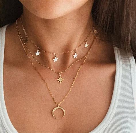 Moon Stars Celestial Necklace Layering Moon Star Necklace Etsy In 2021 Necklace Set Girly