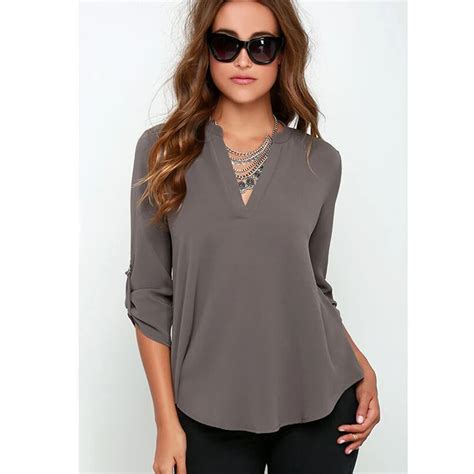 ZSIIBO Women Grey Long Sleeve V Neck Chiffon Blouse Short Sleeve Shirt