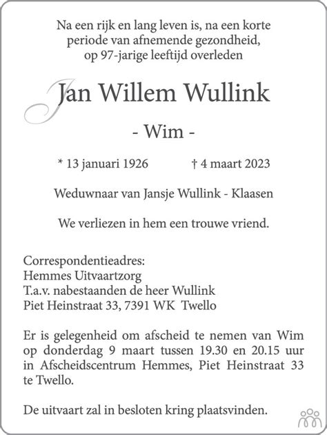 Jan Willem Wim Wullink Overlijdensbericht En Condoleances