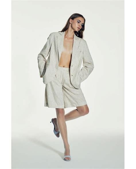 Nazli Ceren Boxy Oversize Striped Linen Blazer In White Lyst