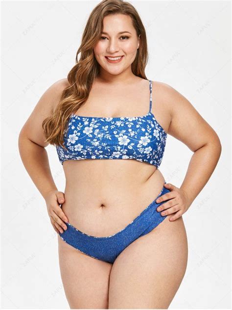 [21 Off] 2021 Zaful Floral Faux Denim Plus Size Bikini Set In Blue Zaful