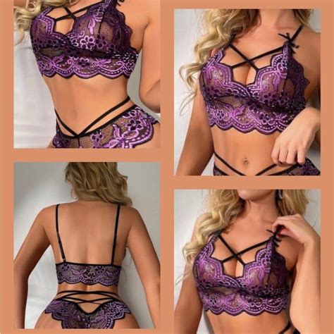 Intimates Sleepwear Sexy Hot Floral Lace Lingerie Set Scallop Trim Bra Criss Cross Cut Out