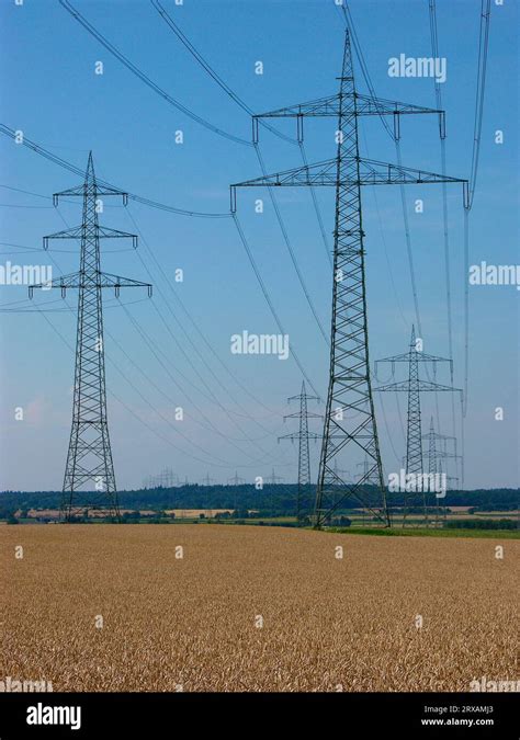 Power Pylons In The Field Power Lines Overhead Line Supply Lines