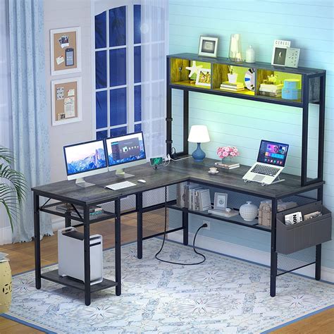 Isunirm L Shaped Computer Desk With Led Strip And Power Outlets