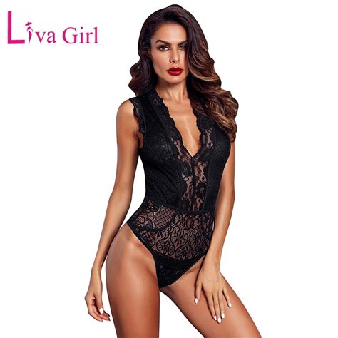 Liva Girl Sheer Floral Lace Bodysuit Women Summer 2020 Sexy V Neck