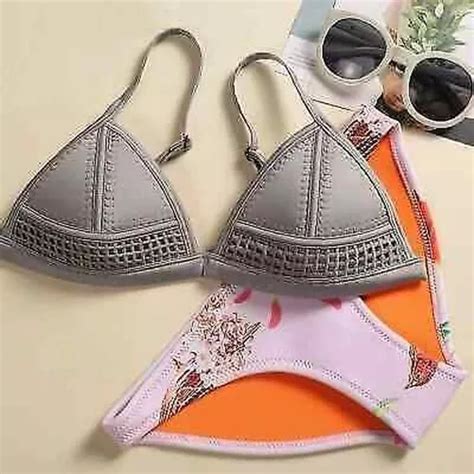 MODE MER COSTUME Deux Pièces Bikini Femme Triangle Slips Gris Fleurs