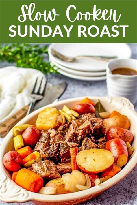 this slow cooker sunday roast is loaded with meat, potatoes and carrots