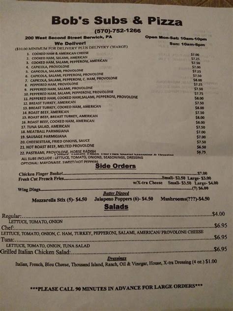 Menu at Bob's Subs & Pizza restaurant, Berwick