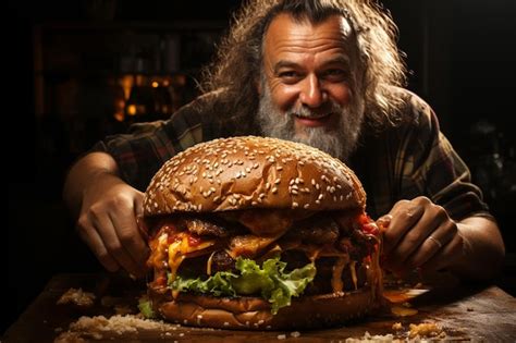 Retrato De Un Hombre Gordo Y Gracioso Comiendo Una Hamburguesa Grande Y