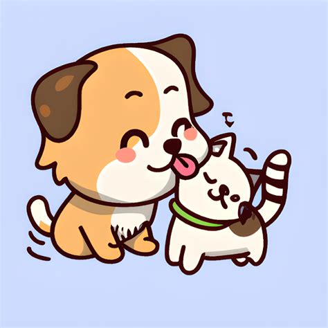 Cute Dog Licking A Cute Cat Kawaii Chibi · Creative Fabrica