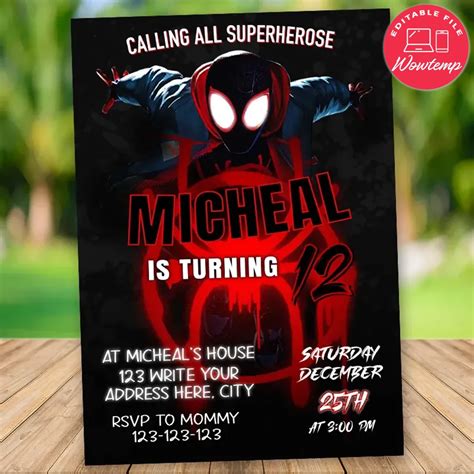 Editable Miles Morales Into The Spiderverse Birthday Invitation Wowtemp