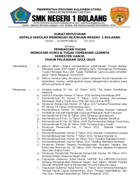 Sk Pembagian Tugas Mengajar Ganjil 2023 2024 Pdf