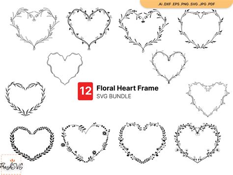 Floral Heart Wreath Svg Heart Frame Svg Bundle Silhouette Etsy