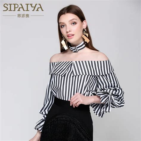 Sipaiya 2017 Fashion Off Shoulder Strapless Slash Neck Blouse Women Tops Slim Sexy Flouncing