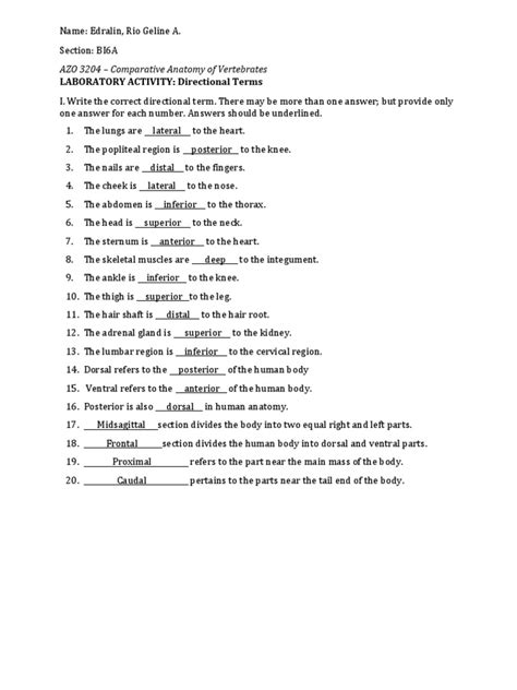 Comparative Anatomy Directional Terms Lab Pdf Anatomical Terms