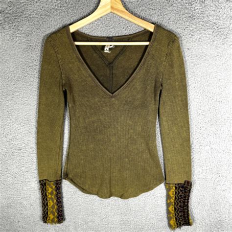 Free People Switch It Up Cuff Thermal Top Green Shirt Waffle Knit Women