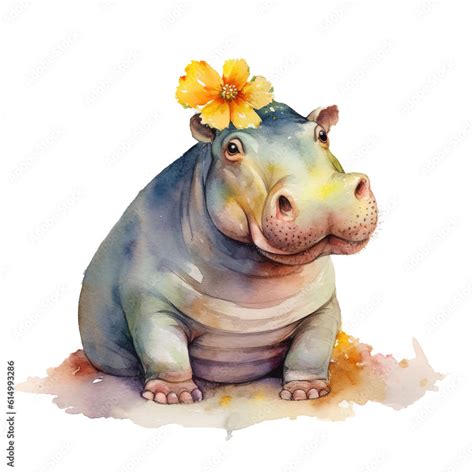 Hippopotamus Wearing A Wreath Clipart Hippopotamus Wearing A Wreath Watercolor Painting