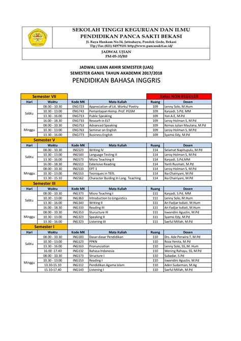 Pdf Jadwal Ujian Akhir Semester Uas Uas Hari Waktu Kode Mk Mata