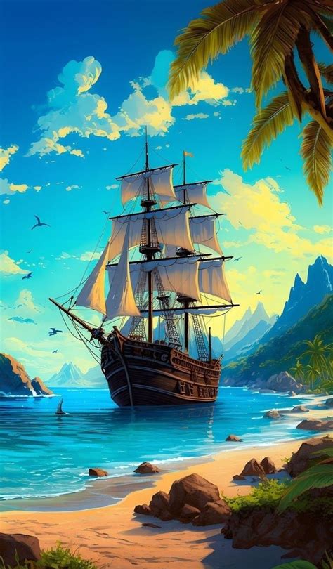 A Painting Of A Pirate Ship Sailing On The Ocean