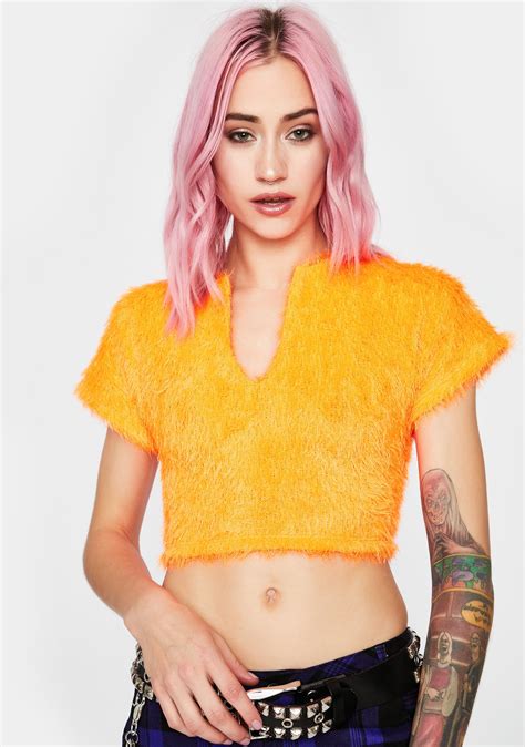 Neon Orange Fuzzy V Neck Crop Top Dolls Kill