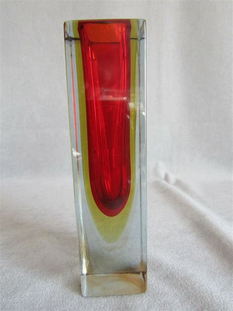 Murano Seguso Blockvase Sommerso Flavio Poli Tri Color Klar Gelb Rot