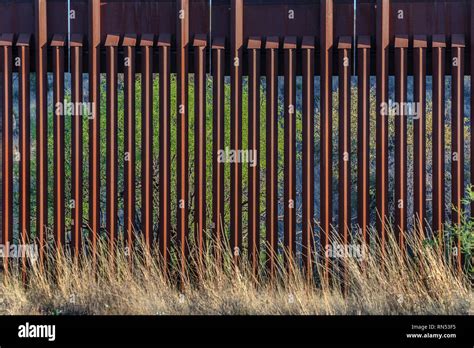 Detail of US border fence on Mexico boundary, tall bollard style ...