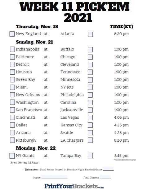 Printable Nfl Schedule Week 11