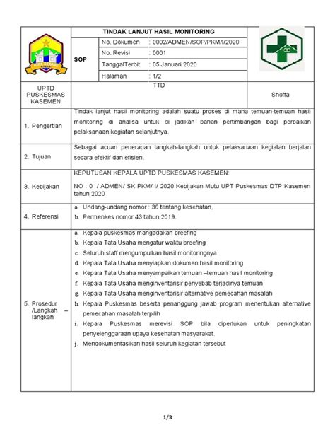 3sop Tindak Lanjut Hasil Monitoring Pdf