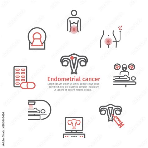 Uterine Cancer Banner Symptoms Causes Treatment Line Icons Set