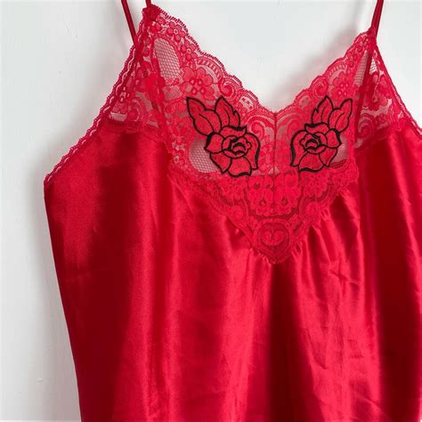 Vintage Val Mode Red Rose Lace Lingerie Slip Dress Gem