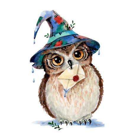 Premium Vector Watercolor Illustration Of A Cute Cartoon Magic Owl In A Wizard Hat With A