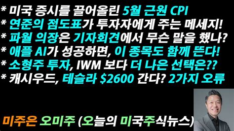 오늘의 미국주식뉴스 애플 Ai가 성공하면 이 종목도 함께 뜬다 연준의 점도표가 주는 메세지 캐시우드 테슬라