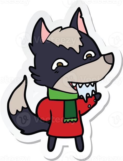 Adesivo De Um Lobo Faminto De Desenho Animado Em Roupas De Inverno