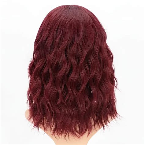 Wine Red Synthetic Curly Bob Wig Bangs Short Wavy Hair Wig Temu