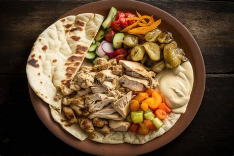 Plate Of Chicken Shawarma Topped With Pickled Veggies And Hummus Stock