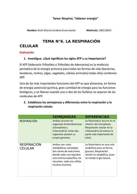 Tarea Respirar Obtener Energ A De Biolog A Tarea Respirar Obtener