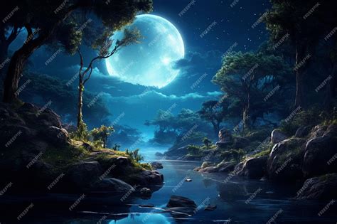 Premium Ai Image A Blue Moon Over A River With A Full Moon In The