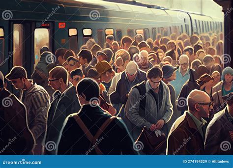 Crowded Train Station During Rush Hour With Bustling Crowds And