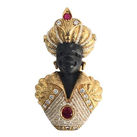 S Nardi K Gold Ruby Diamond Cultured Pearl Blackamoor Brooch