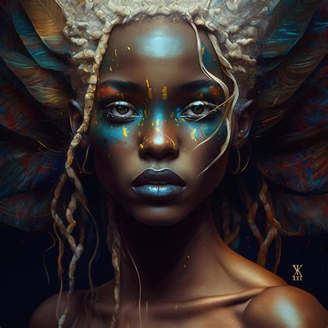 Una Pintura Digital De Una Mujer Con Cabello Azul Y Dorado Y Un Tocado