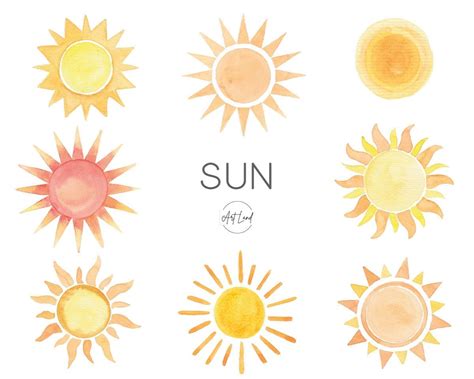 Watercolor Sun Clipart Hand Painted Watercolour Digital Sun