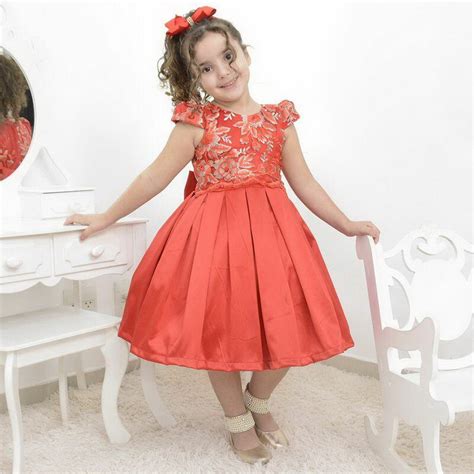 Vestido Festa Infantil Vermelho - Vestido festa infantil vermelho com tule francês com bordado floral