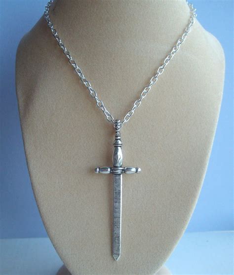 Medieval Sword Pendant Silver Plated Chain Necklace Adonai Excalibur