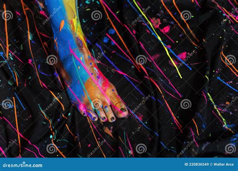 Naked Female Is Being Painted With Colorful Paint In A Home Environment Stock Image Image Of