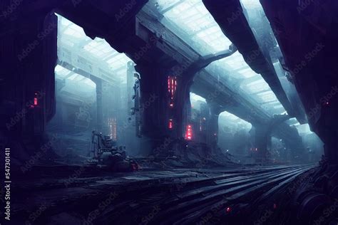 Ilustrace Lifeless Gloomy Underground City Landscape With Futuristic