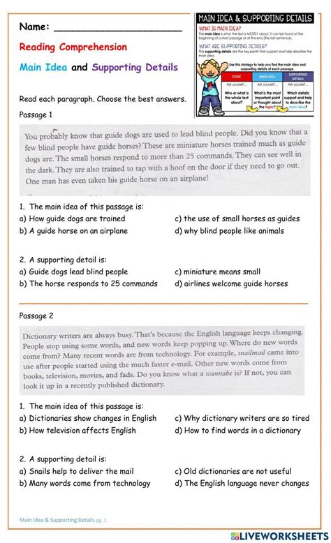 Main Idea And Supporting Details Exercise For Live Worksheets