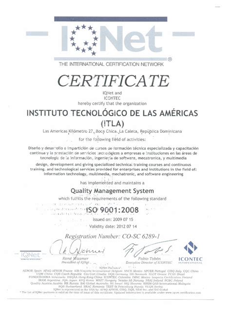 PDF Sertificado ITLA ISO 9001 NTC ISO Este Certificado Es