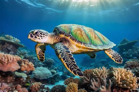 Green Sea Turtle Swimming Coral Premium Ai Generated Image